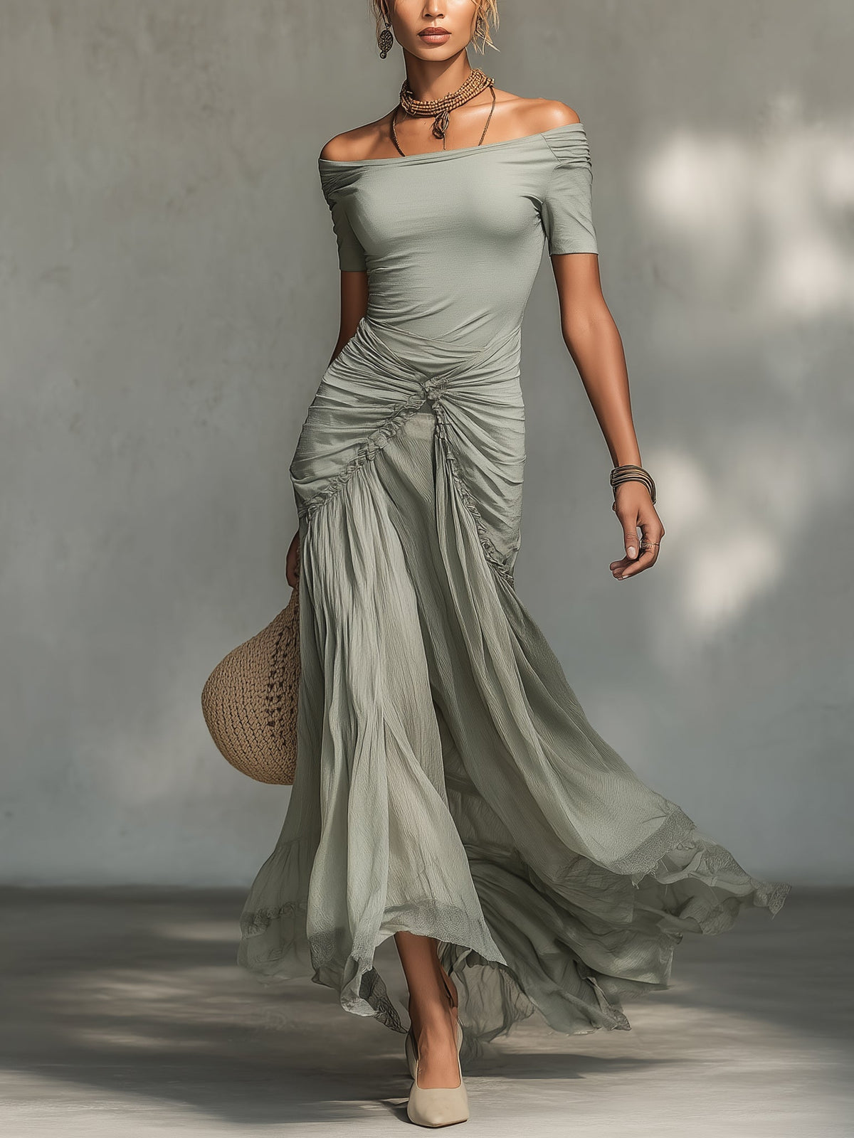 Federica | Abito Lungo in Chiffon e Tessuto Elasticizzato a Spalle Scoperte