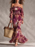Lorena | Abito Maxi in Chiffon Rosa Floreale con Spalle Scoperte