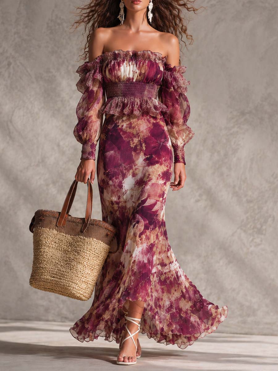 Lorena | Abito Maxi in Chiffon Rosa Floreale con Spalle Scoperte