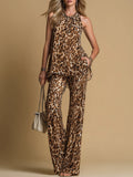 Chiara | Set Elegante con Top in Chiffon a Stampa Leopardo e Pantaloni Svasati