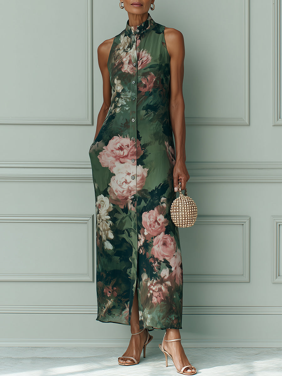 Flavia | Stampa di Olio Floreale Vintage Vestito Maxi a Taglio Dritto