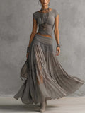 Chiara | Set Top in Pizzo Grigio e Gonna Maxi Plissettata
