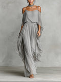 Federica | Set di camicetta e pantaloni in chiffon grigio off-shoulder