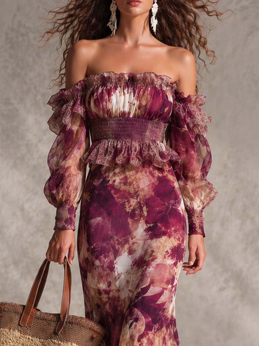 Lorena | Abito Maxi in Chiffon Rosa Floreale con Spalle Scoperte