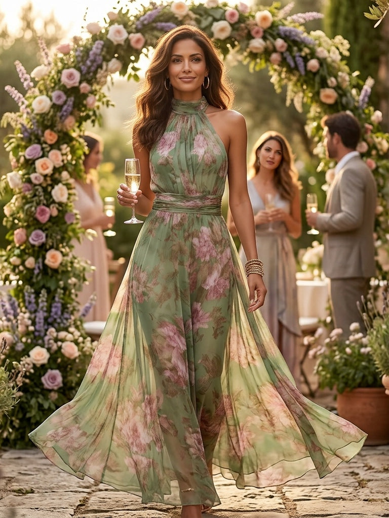 Abito lungo con stampa floreale, scollo all'americana e in chiffon verde