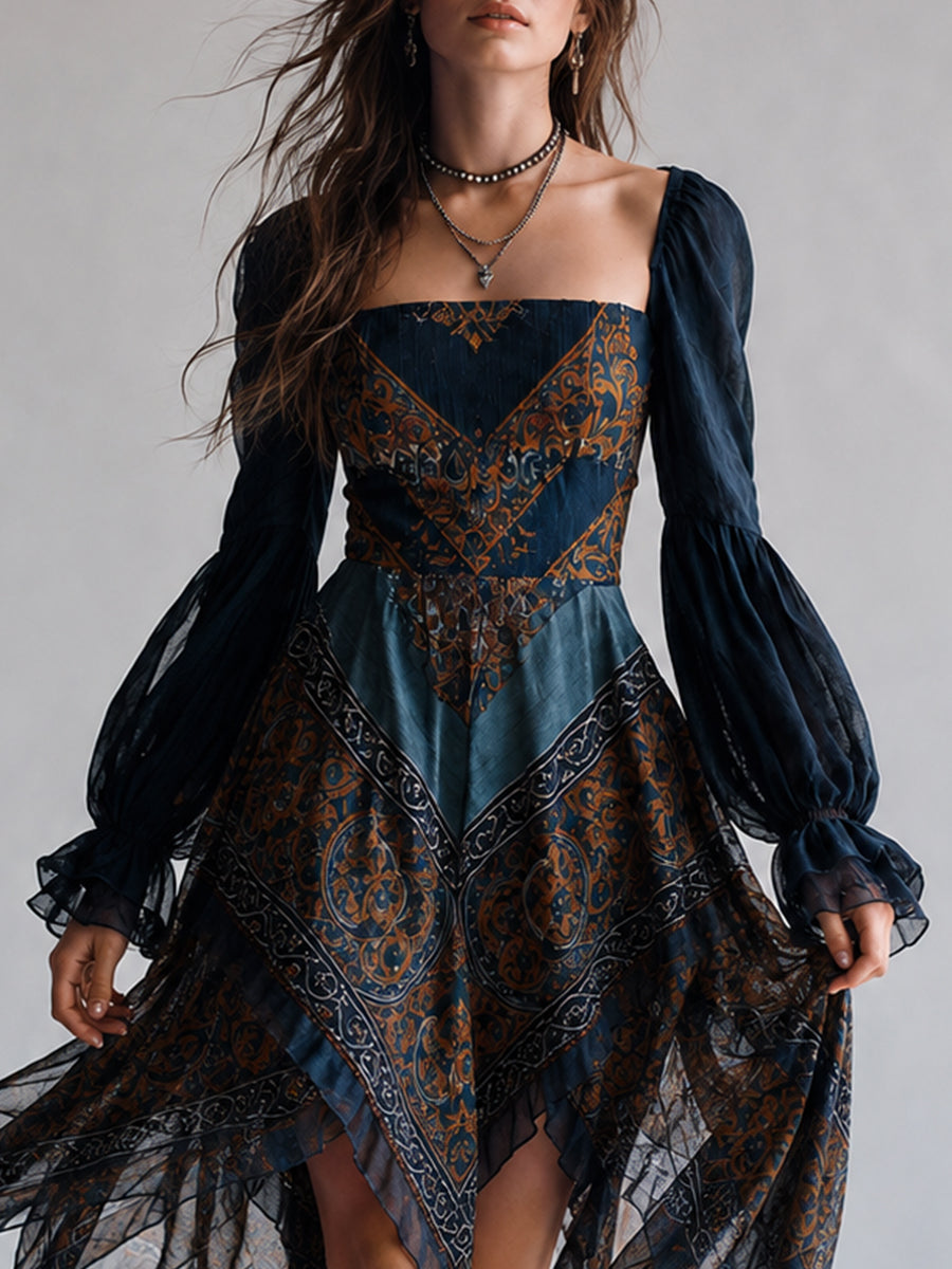 Abito con Orlo a Fazzoletto in Stile Bohemien con Stampa Paisley