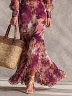 Lorena | Abito Maxi in Chiffon Rosa Floreale con Spalle Scoperte