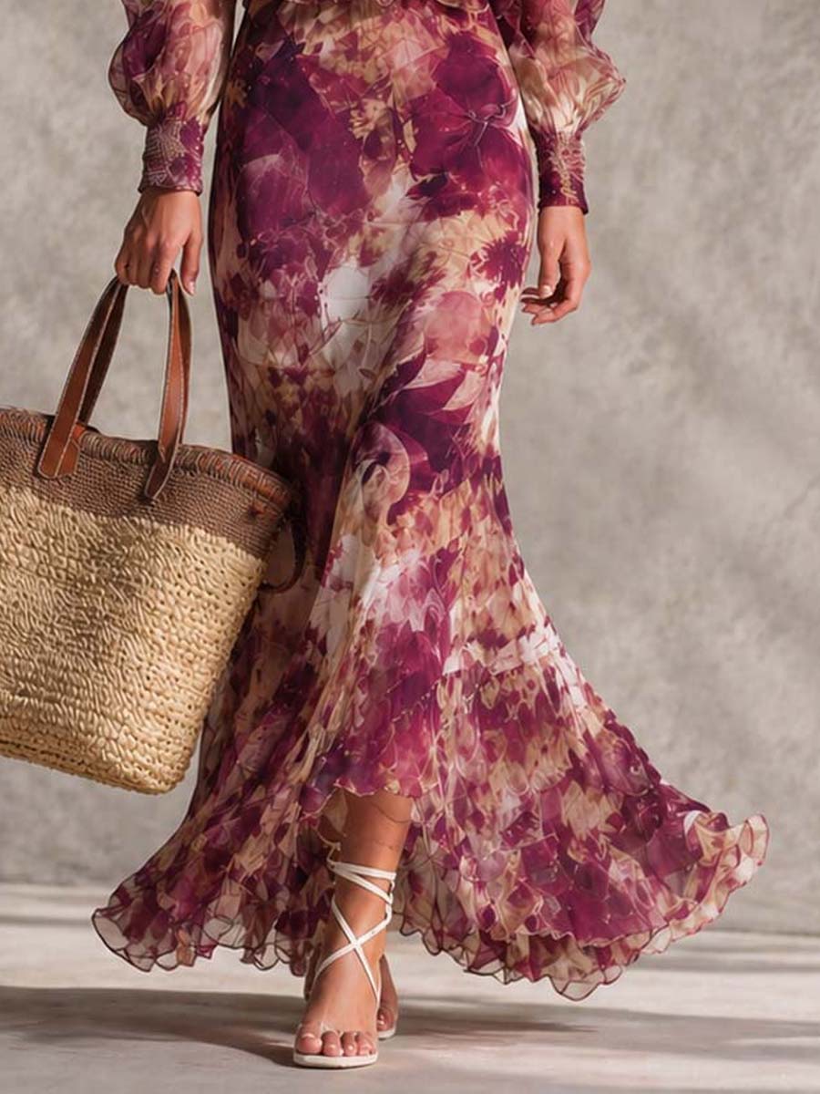 Lorena | Abito Maxi in Chiffon Rosa Floreale con Spalle Scoperte