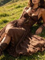 Camilla | Abito Maxi in Chiffon con Pannelli in Pizzo Marrone Scuro