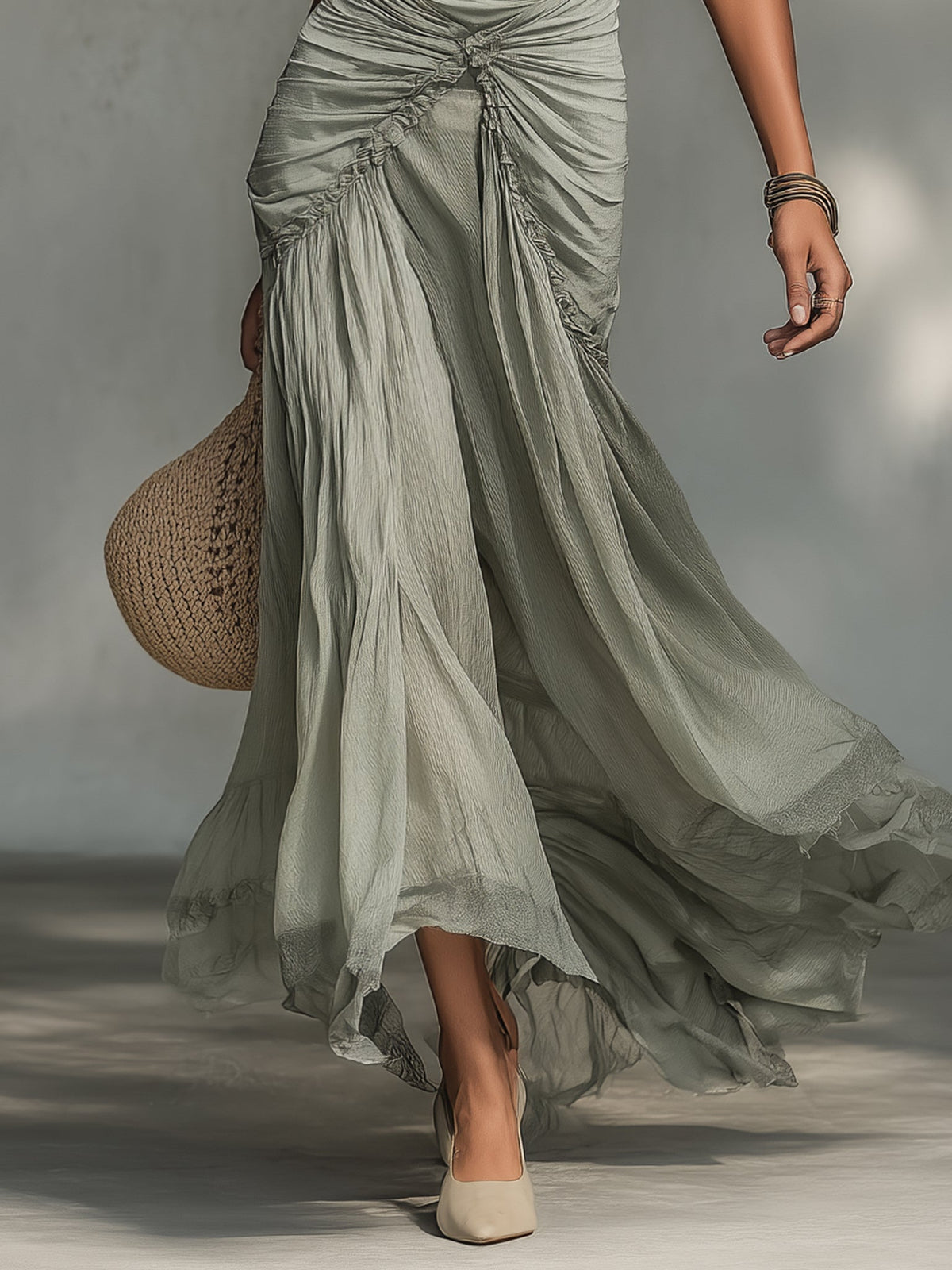 Federica | Abito Lungo in Chiffon e Tessuto Elasticizzato a Spalle Scoperte