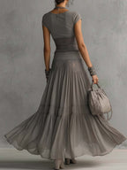 Caterina | Set Top in Pizzo Grigio Trasparente e Gonna Maxi Plissettata
