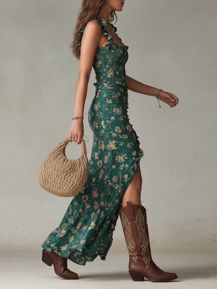 Ilaria | Maxi Abito Stampato Verde Bohemien con Maniche Volant