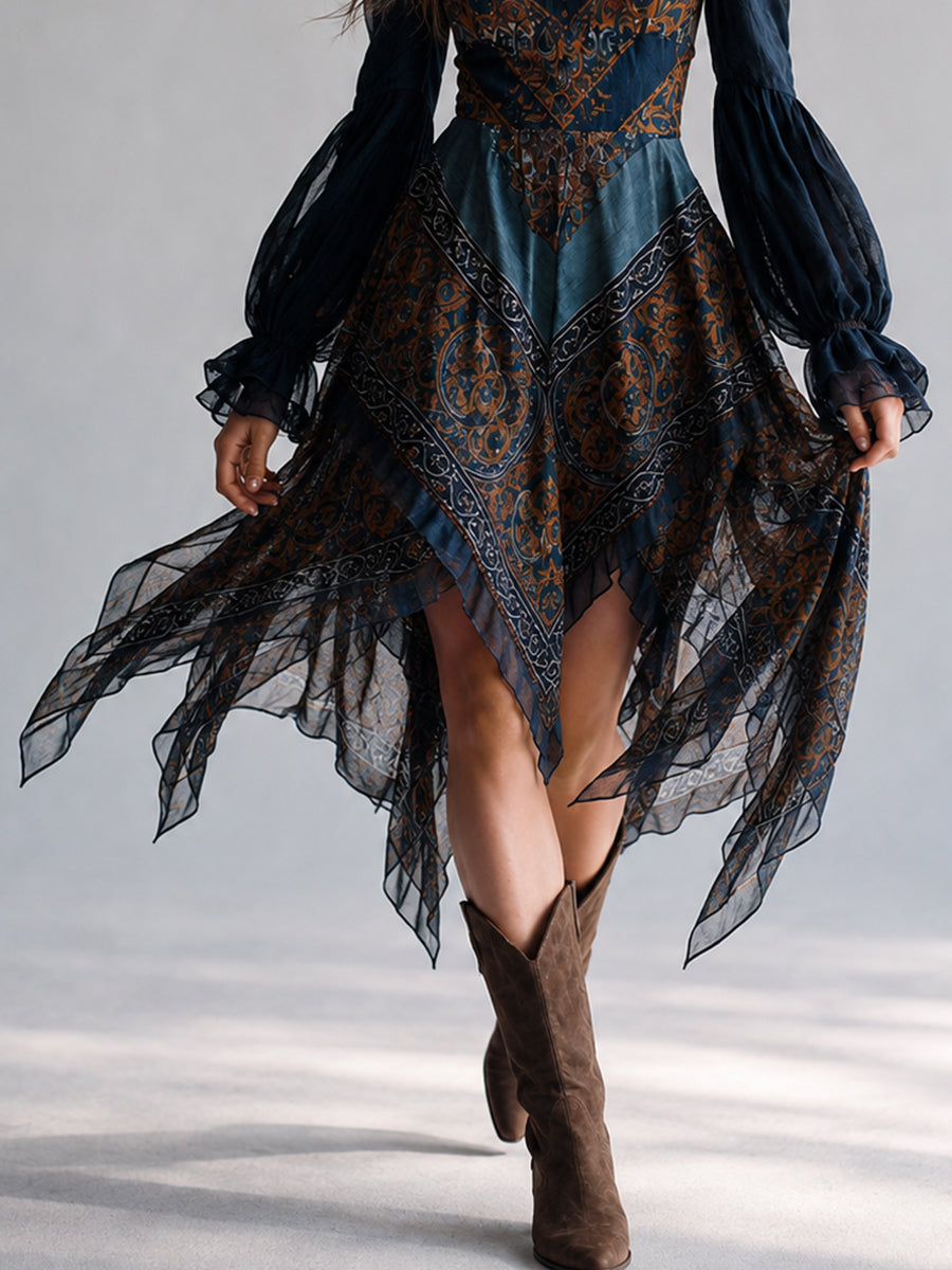 Abito con Orlo a Fazzoletto in Stile Bohemien con Stampa Paisley