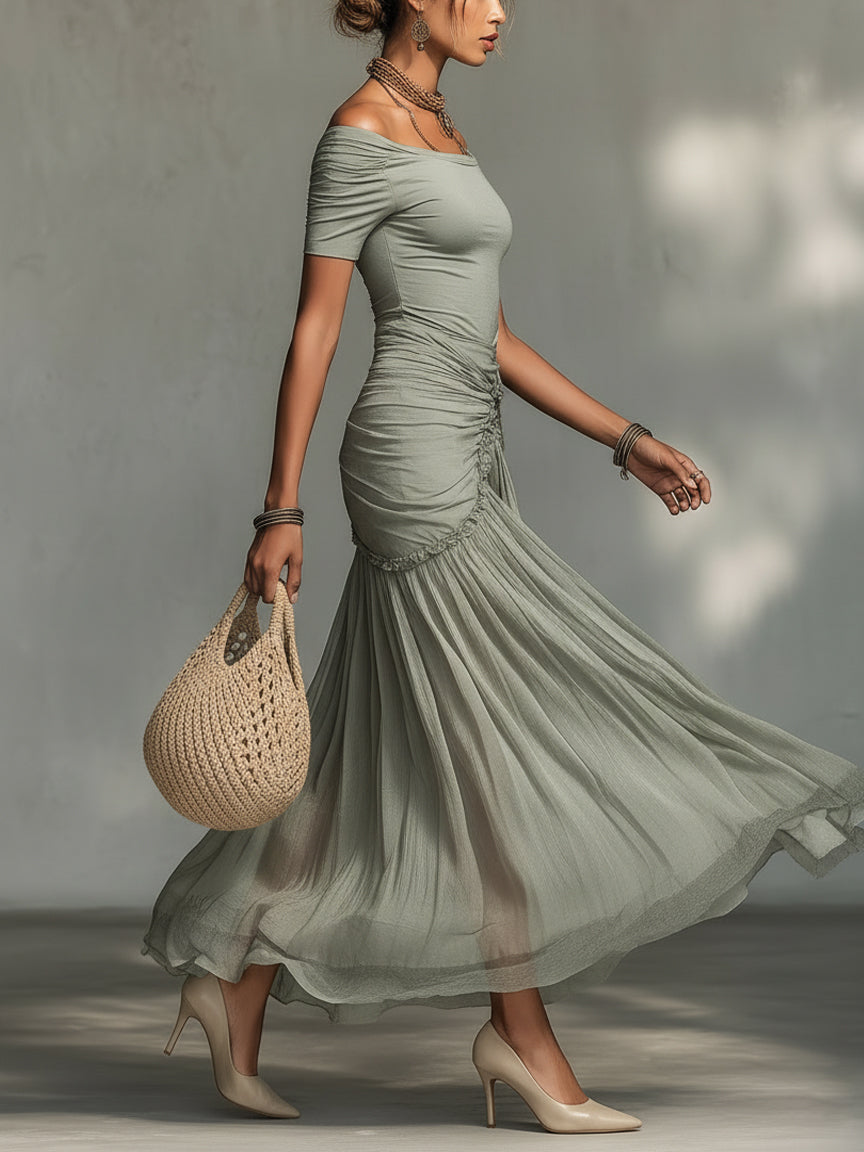 Gloria | Abito Maxi Grigio in Tessuto Elasticizzato e Chiffon