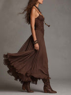 Irene | Abito Maxi in Chiffon con Pannelli in Pizzo Marrone Scuro