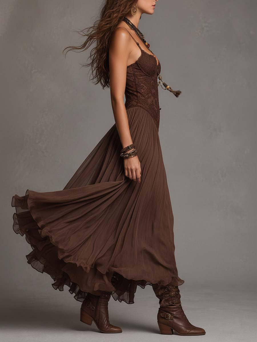 Irene | Abito Maxi in Chiffon con Pannelli in Pizzo Marrone Scuro