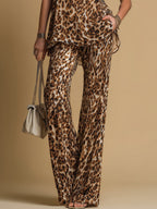 Chiara | Set Elegante con Top in Chiffon a Stampa Leopardo e Pantaloni Svasati