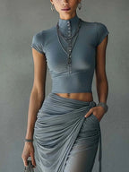 Cinzia | Set T-Shirt Blu Corto e Gonna Drappeggiata in Rete Trasparente