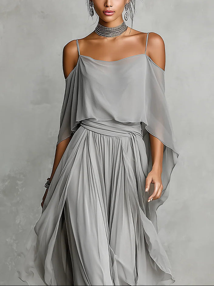 Federica | Set di camicetta e pantaloni in chiffon grigio off-shoulder