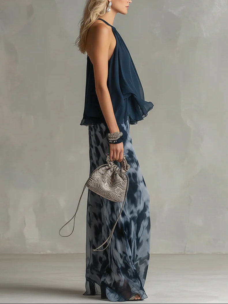 Eleonora | Top con collo halter blu navy e pantaloni larghi stampati in chiffon