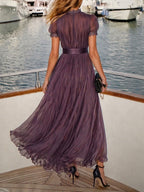 Diana | Abito Maxi in Chiffon Viola con Collo a Chiave e Pizzo
