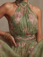 Abito lungo con stampa floreale, scollo all'americana e in chiffon verde