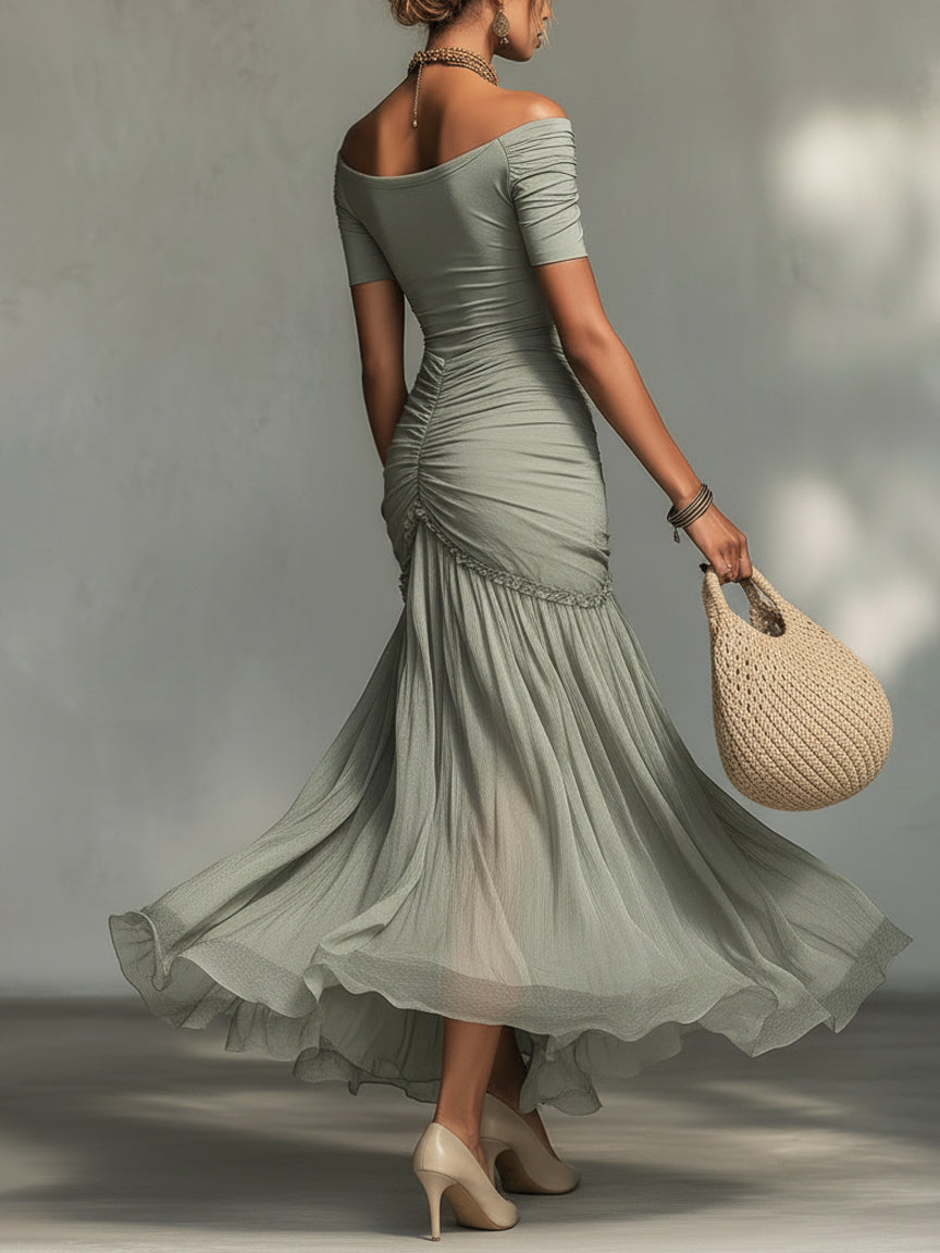 Federica | Abito Lungo in Chiffon e Tessuto Elasticizzato a Spalle Scoperte