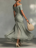 Gloria | Abito Maxi Grigio in Tessuto Elasticizzato e Chiffon