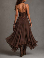 Irene | Abito Maxi in Chiffon con Pannelli in Pizzo Marrone Scuro