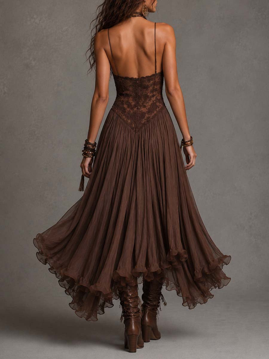 Irene | Abito Maxi in Chiffon con Pannelli in Pizzo Marrone Scuro