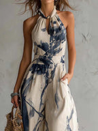 Caterina | Salopette a Collo Halter con Stampa Inchiostro e Pantaloni Ampi con Tasche