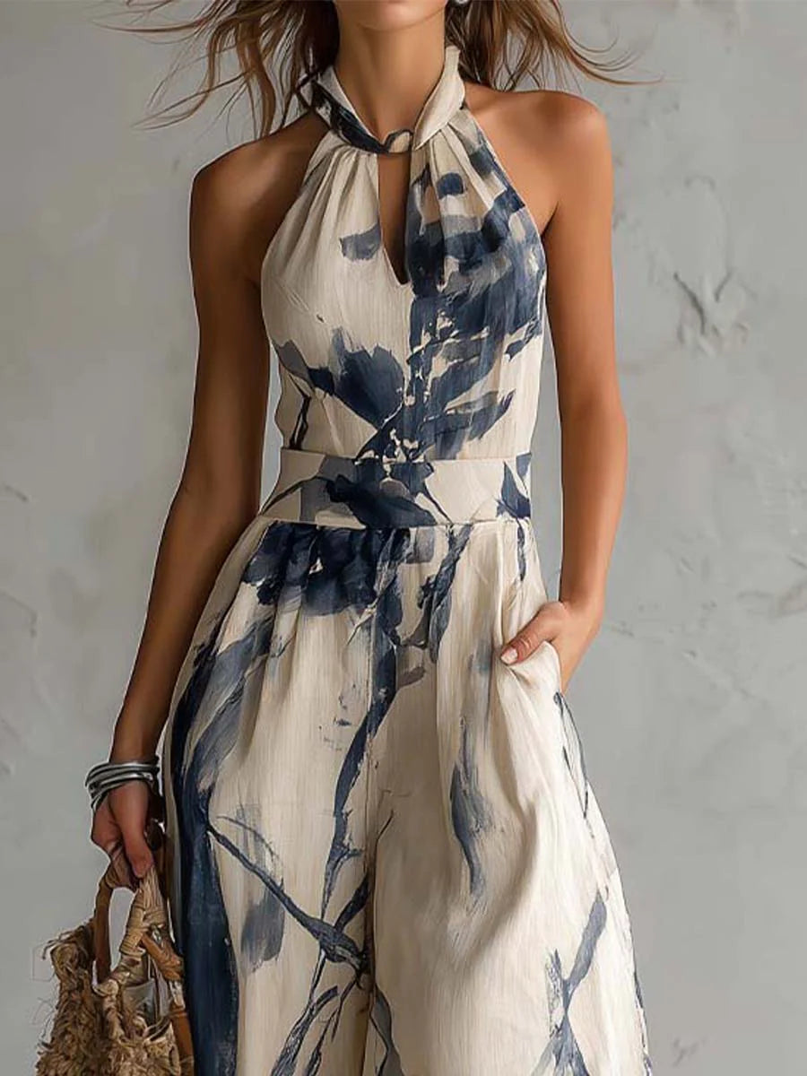 Caterina | Salopette a Collo Halter con Stampa Inchiostro e Pantaloni Ampi con Tasche