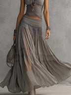 Chiara | Set Top in Pizzo Grigio e Gonna Maxi Plissettata