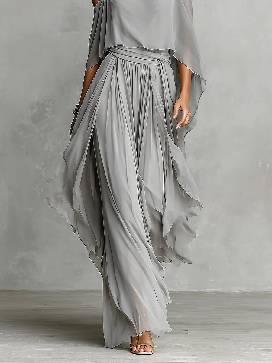 Federica | Set di camicetta e pantaloni in chiffon grigio off-shoulder