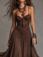 Camilla | Abito Maxi in Chiffon con Pannelli in Pizzo Marrone Scuro