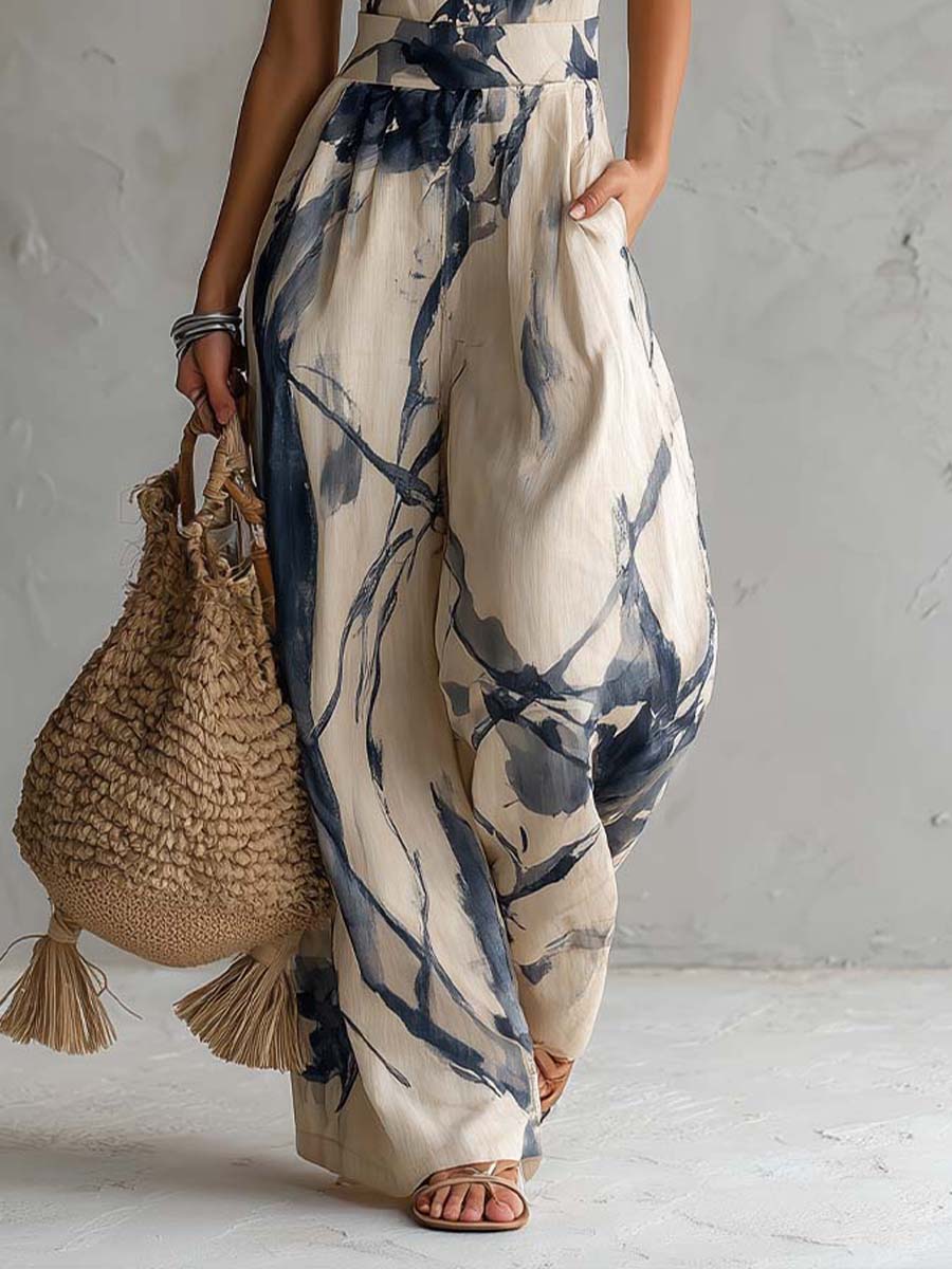 Caterina | Salopette a Collo Halter con Stampa Inchiostro e Pantaloni Ampi con Tasche