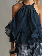 Eleonora | Top con collo halter blu navy e pantaloni larghi stampati in chiffon