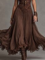 Irene | Abito Maxi in Chiffon con Pannelli in Pizzo Marrone Scuro