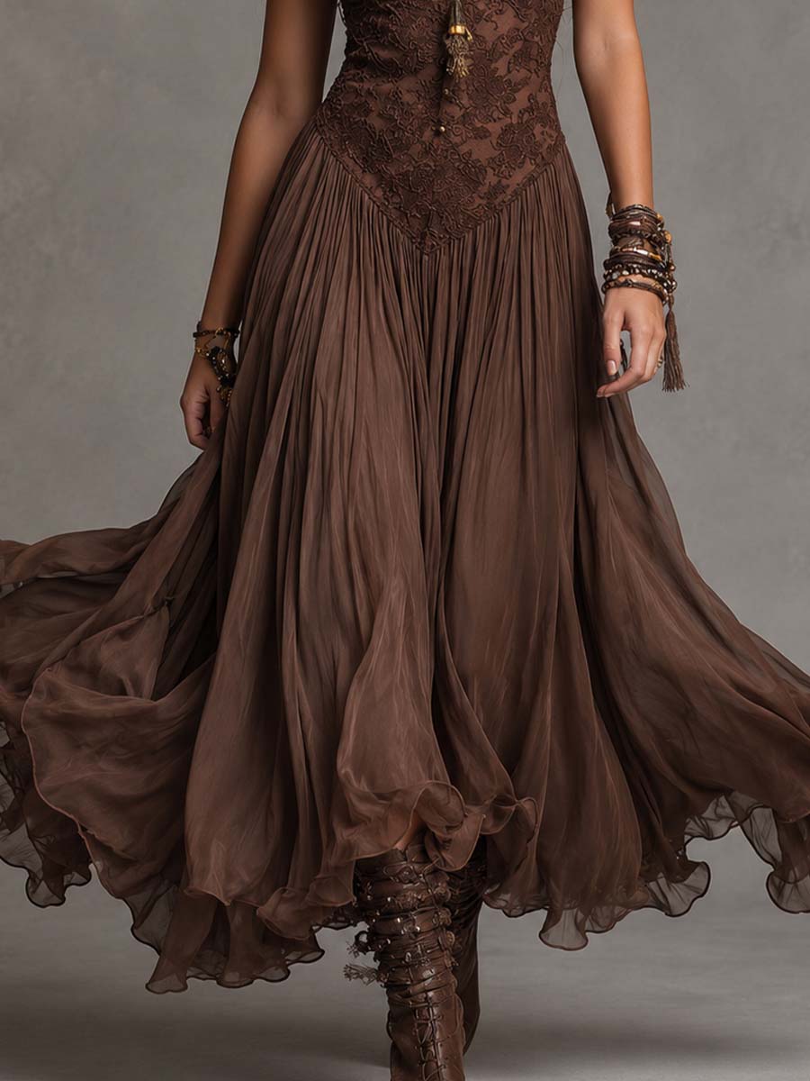 Irene | Abito Maxi in Chiffon con Pannelli in Pizzo Marrone Scuro