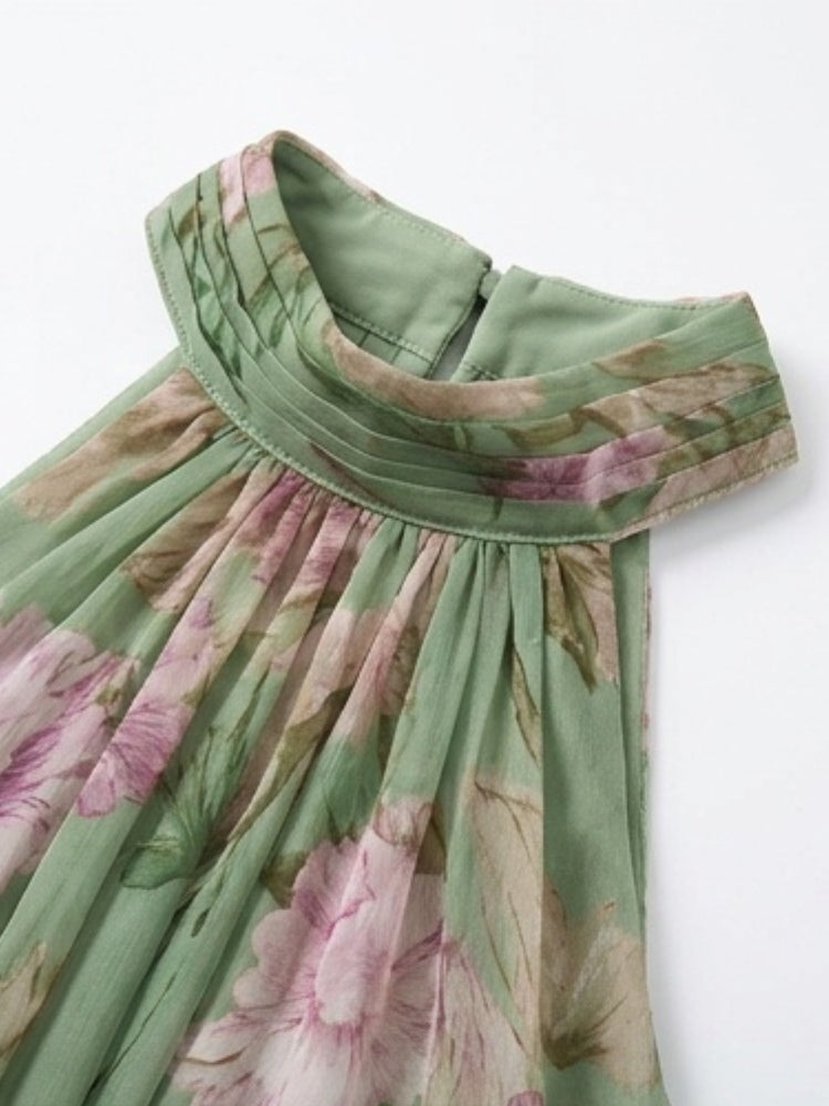 Abito lungo con stampa floreale, scollo all'americana e in chiffon verde