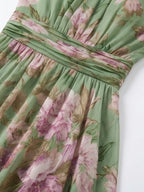 Abito lungo con stampa floreale, scollo all'americana e in chiffon verde