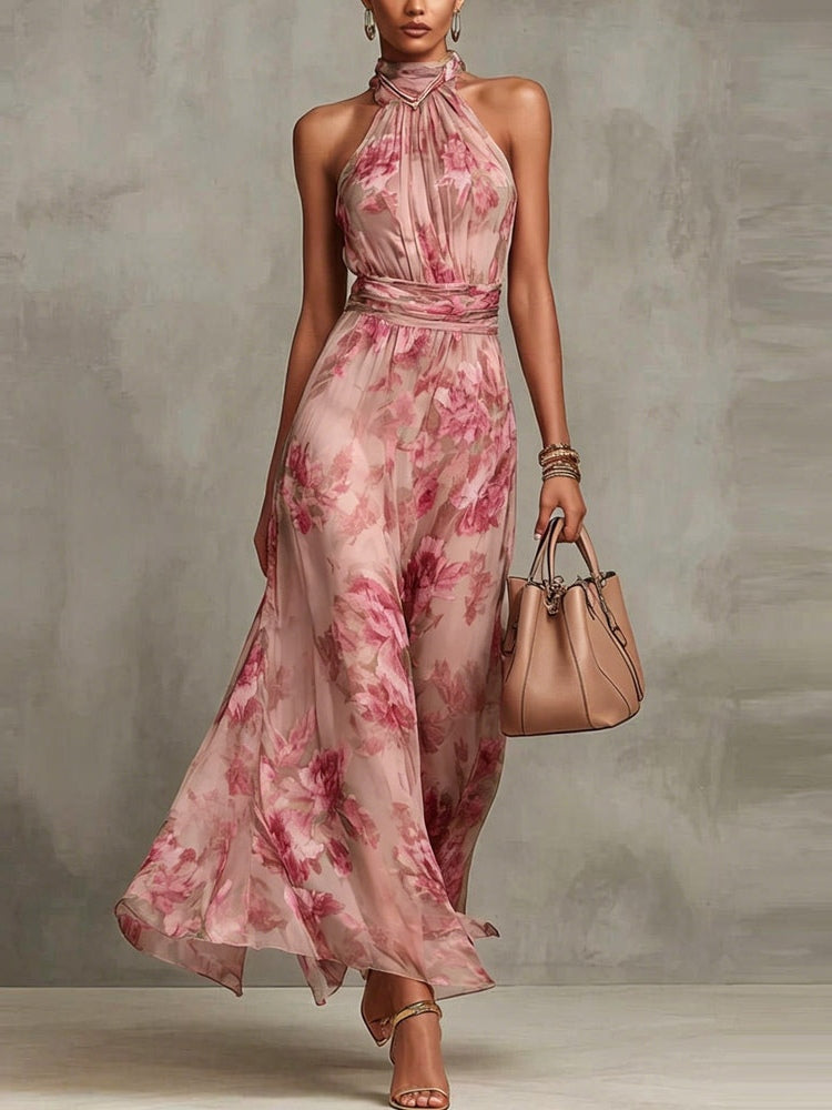 Abito lungo con stampa floreale, scollo all'americana e in chiffon verde