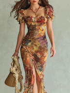 Noemi | Abito Maxi Elegante con Scollo Quadrato e Righe Floreali