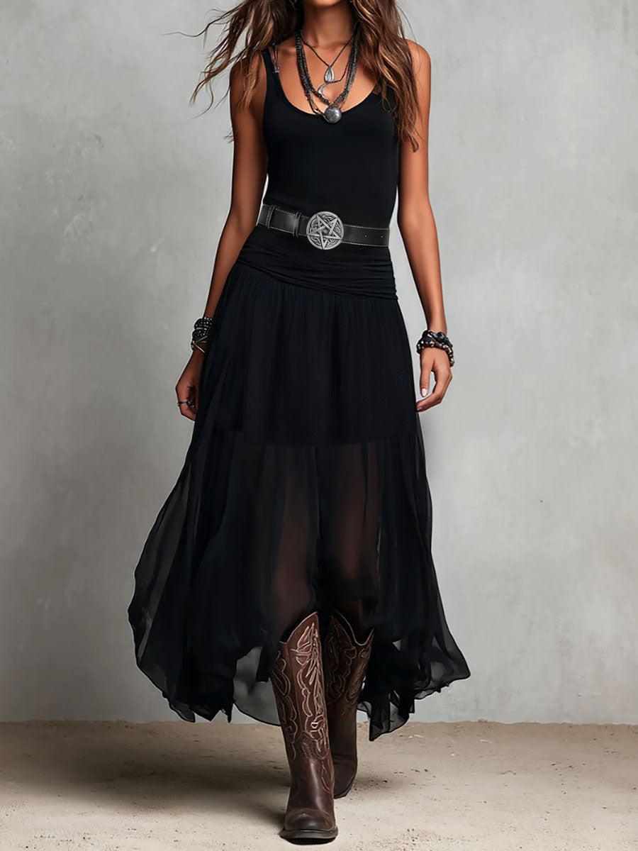 Penelope | Abito Maxi Boho Western Nero con Gonna in Tulle