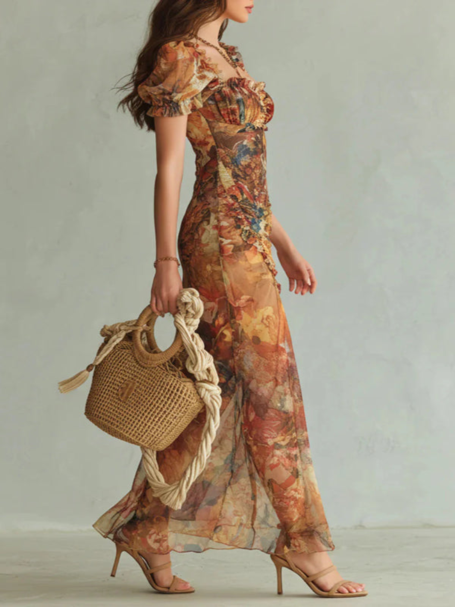 Noemi | Abito Maxi Elegante con Scollo Quadrato e Righe Floreali