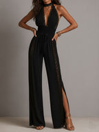 Nina | Tuta Boho Nera in Pizzo con Scollo a V e Gambe Larghe