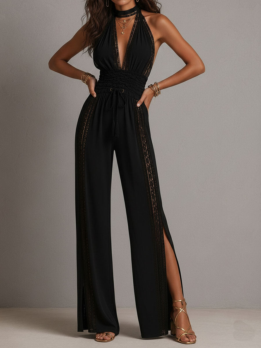 Nina | Tuta Boho Nera in Pizzo con Scollo a V e Gambe Larghe