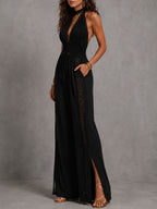 Nina | Tuta Boho Nera in Pizzo con Scollo a V e Gambe Larghe