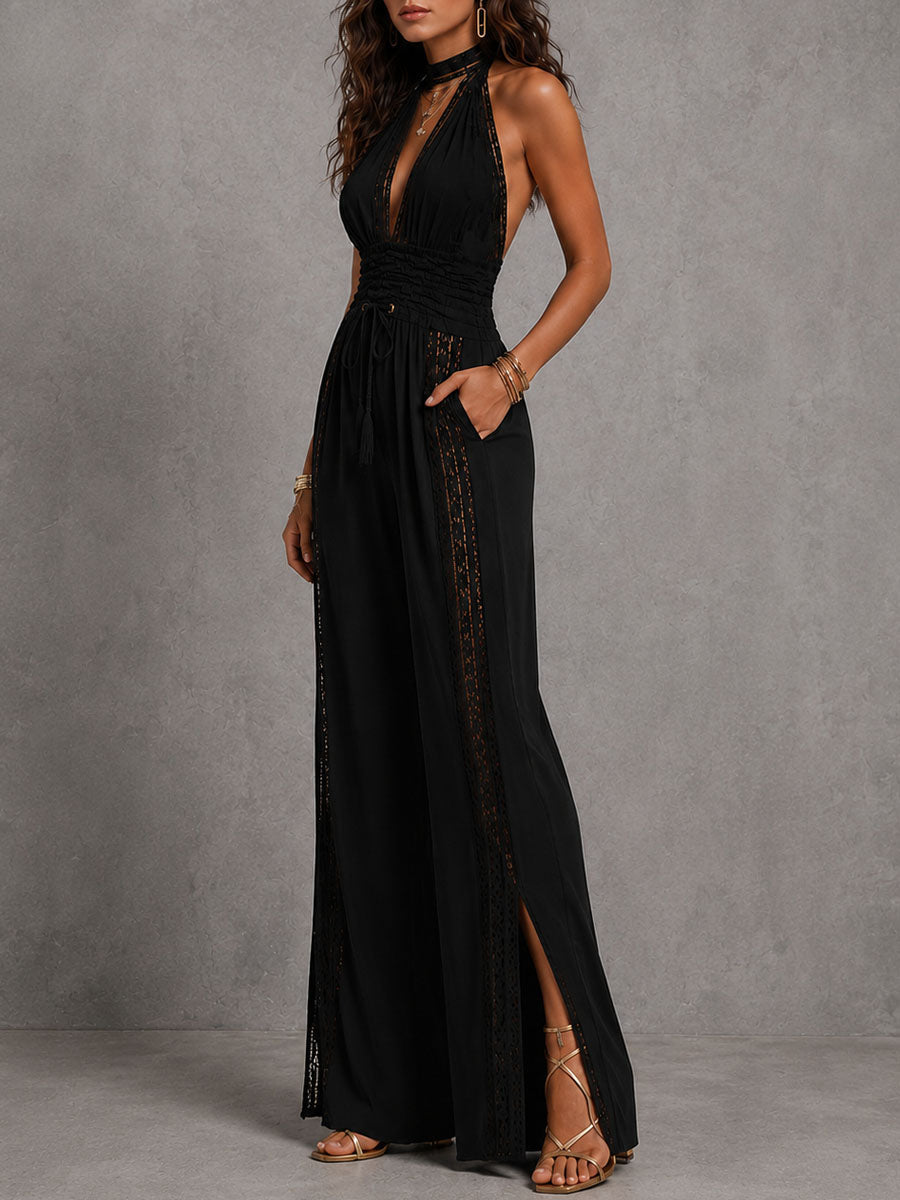 Nina | Tuta Boho Nera in Pizzo con Scollo a V e Gambe Larghe