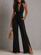 Nina | Tuta Boho Nera in Pizzo con Scollo a V e Gambe Larghe